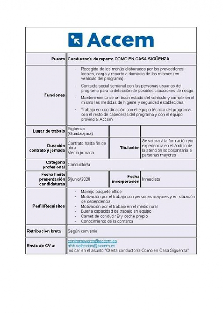 ACCEm busca conductor o conductora de reparto en Sigüenza. Oferta de empleo.