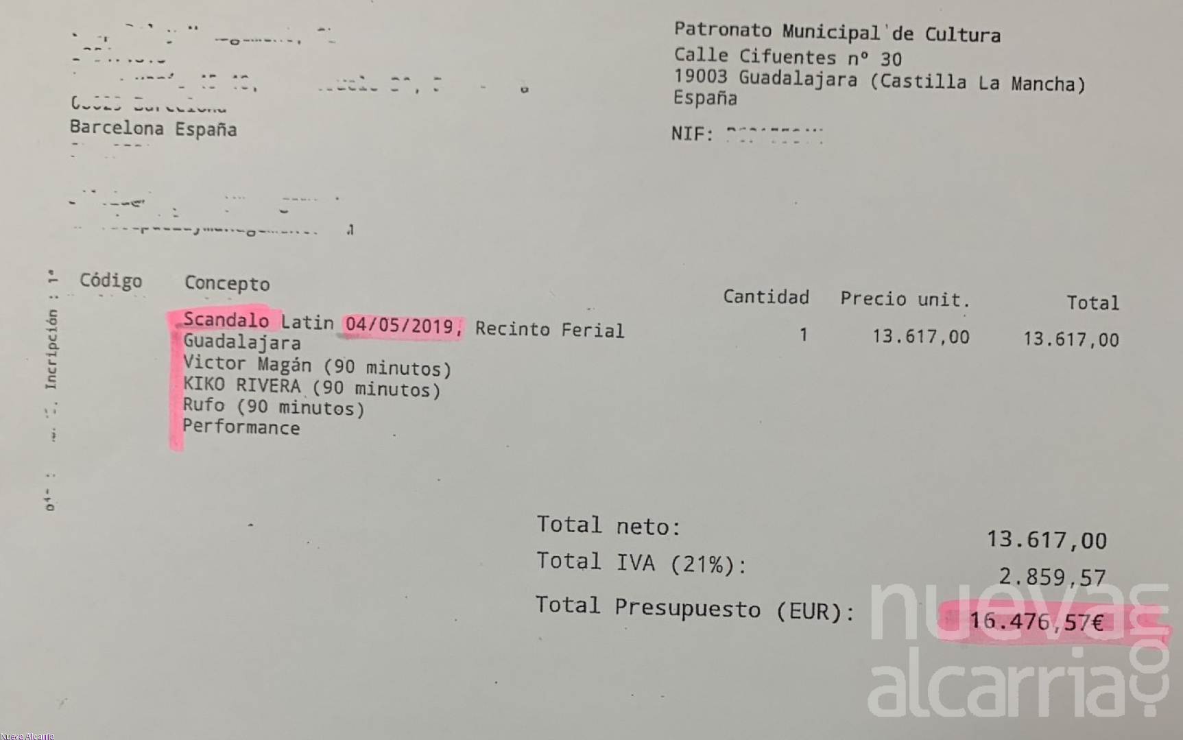 Factura contratación Kiko Rivera