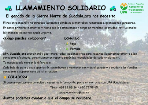 UPA Guadalajara lanza un llamamiento solidario para ayudar al ganado afectado por el incendio en la Sierra Norte